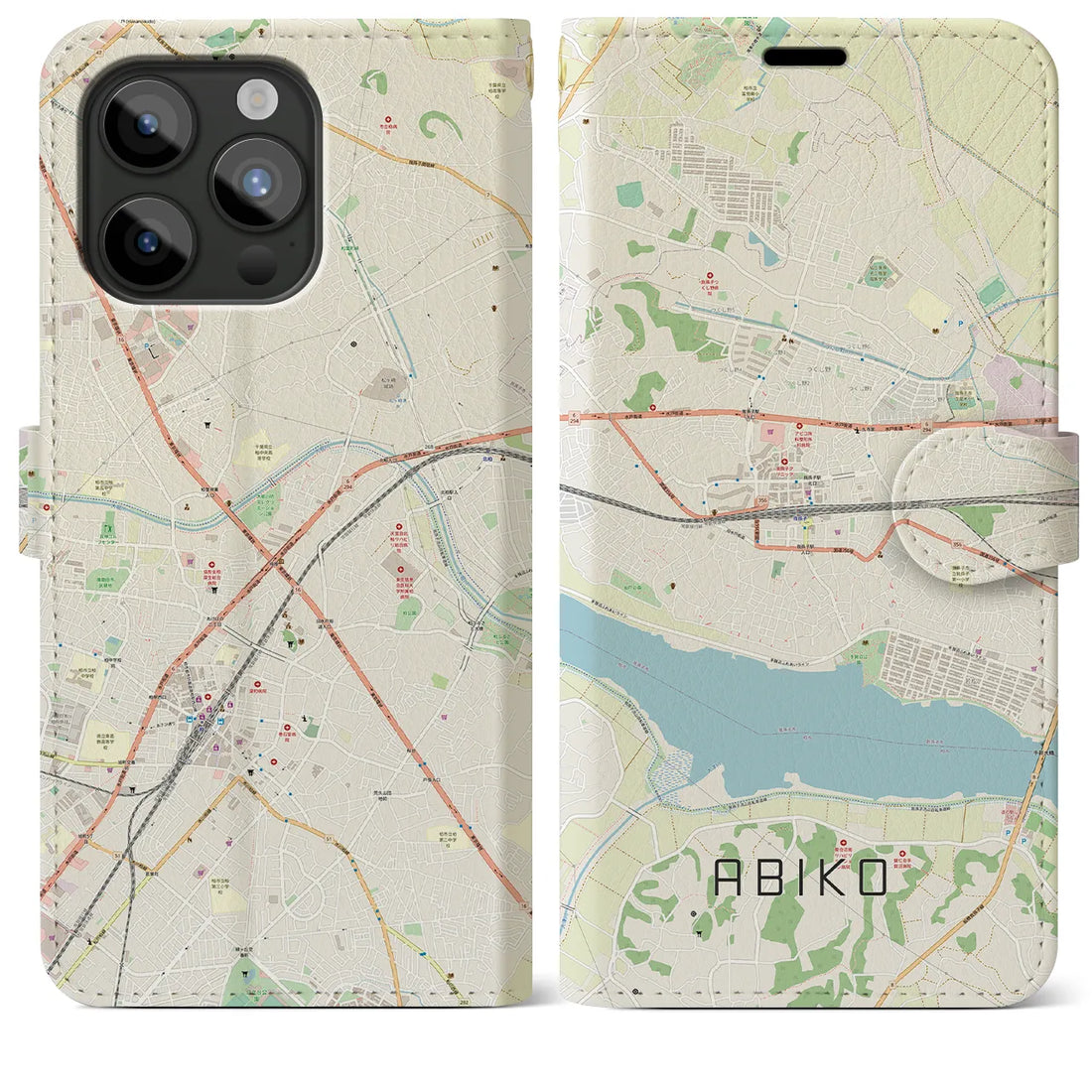 【我孫子】地図柄iPhoneケース（手帳両面タイプ・ナチュラル）iPhone 15 Pro Max 用