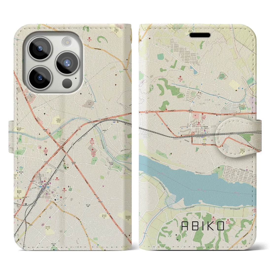 【我孫子】地図柄iPhoneケース（手帳両面タイプ・ナチュラル）iPhone 15 Pro 用