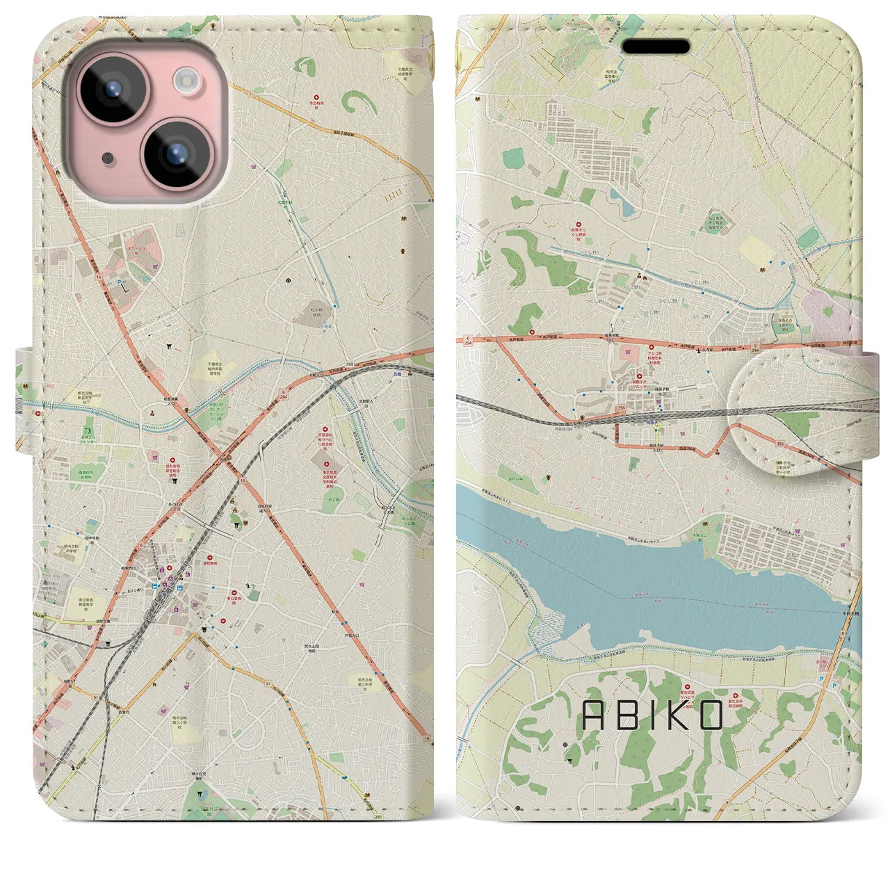【我孫子】地図柄iPhoneケース（手帳両面タイプ・ナチュラル）iPhone 15 Plus 用
