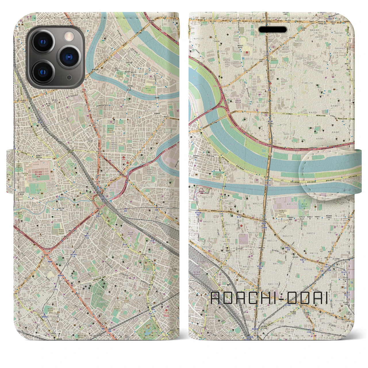 【足立小台】地図柄iPhoneケース（手帳両面タイプ・ナチュラル）iPhone 11 Pro Max 用