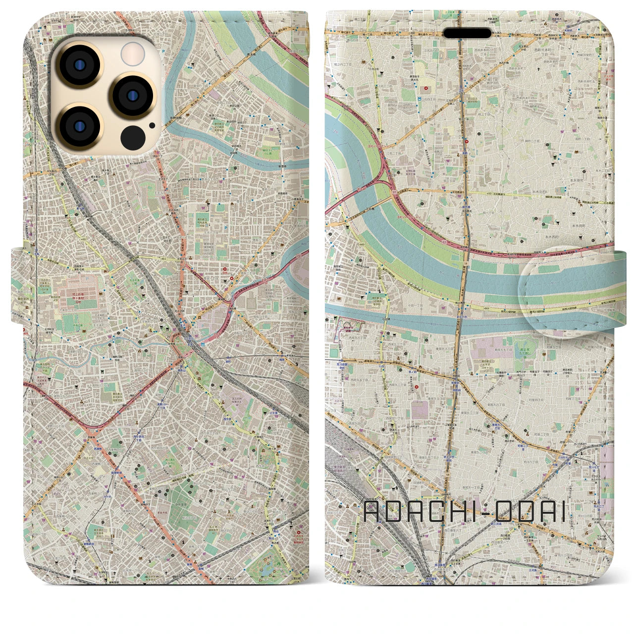 【足立小台】地図柄iPhoneケース（手帳両面タイプ・ナチュラル）iPhone 12 Pro Max 用