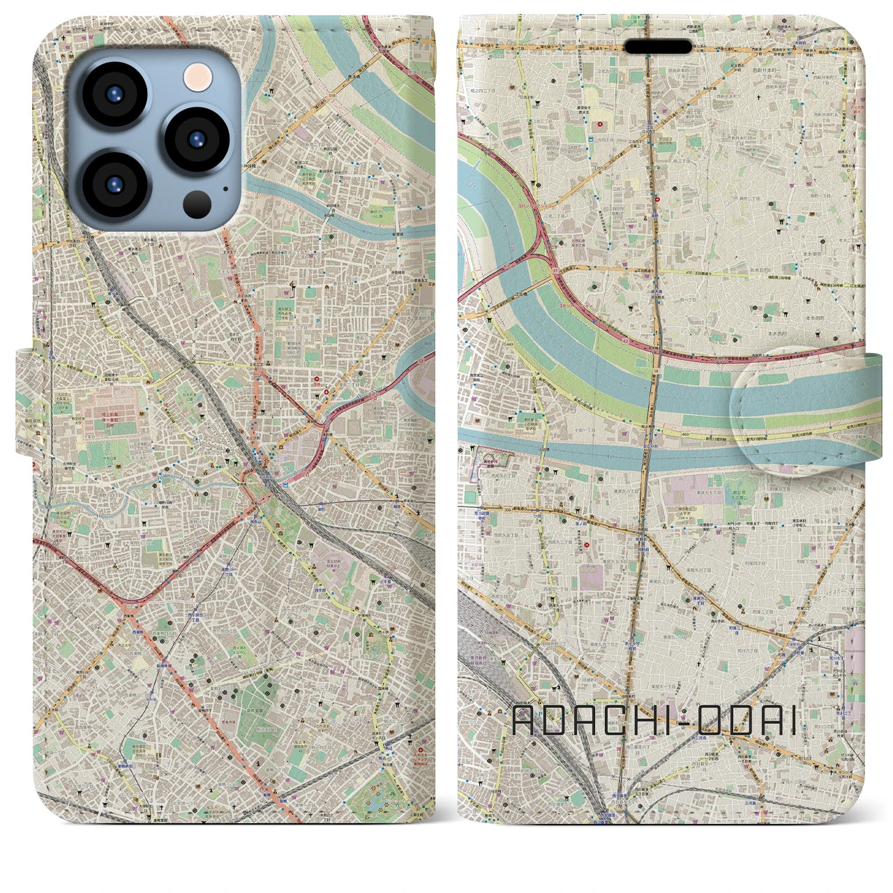 【足立小台】地図柄iPhoneケース（手帳両面タイプ・ナチュラル）iPhone 13 Pro Max 用