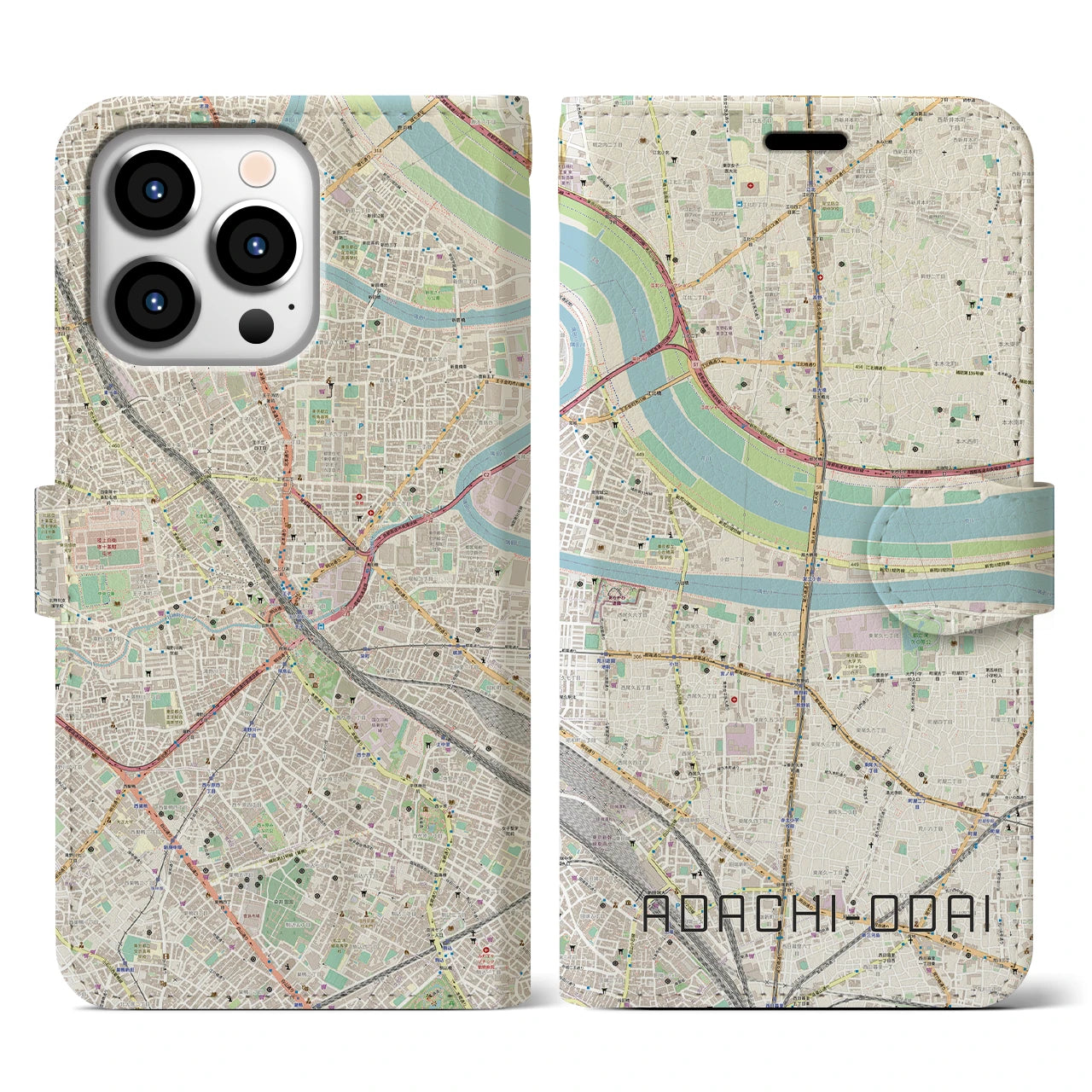 【足立小台】地図柄iPhoneケース（手帳両面タイプ・ナチュラル）iPhone 13 Pro 用