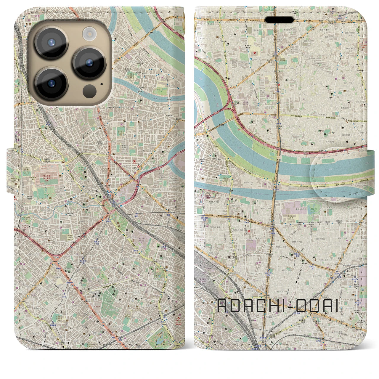 【足立小台】地図柄iPhoneケース（手帳両面タイプ・ナチュラル）iPhone 14 Pro Max 用