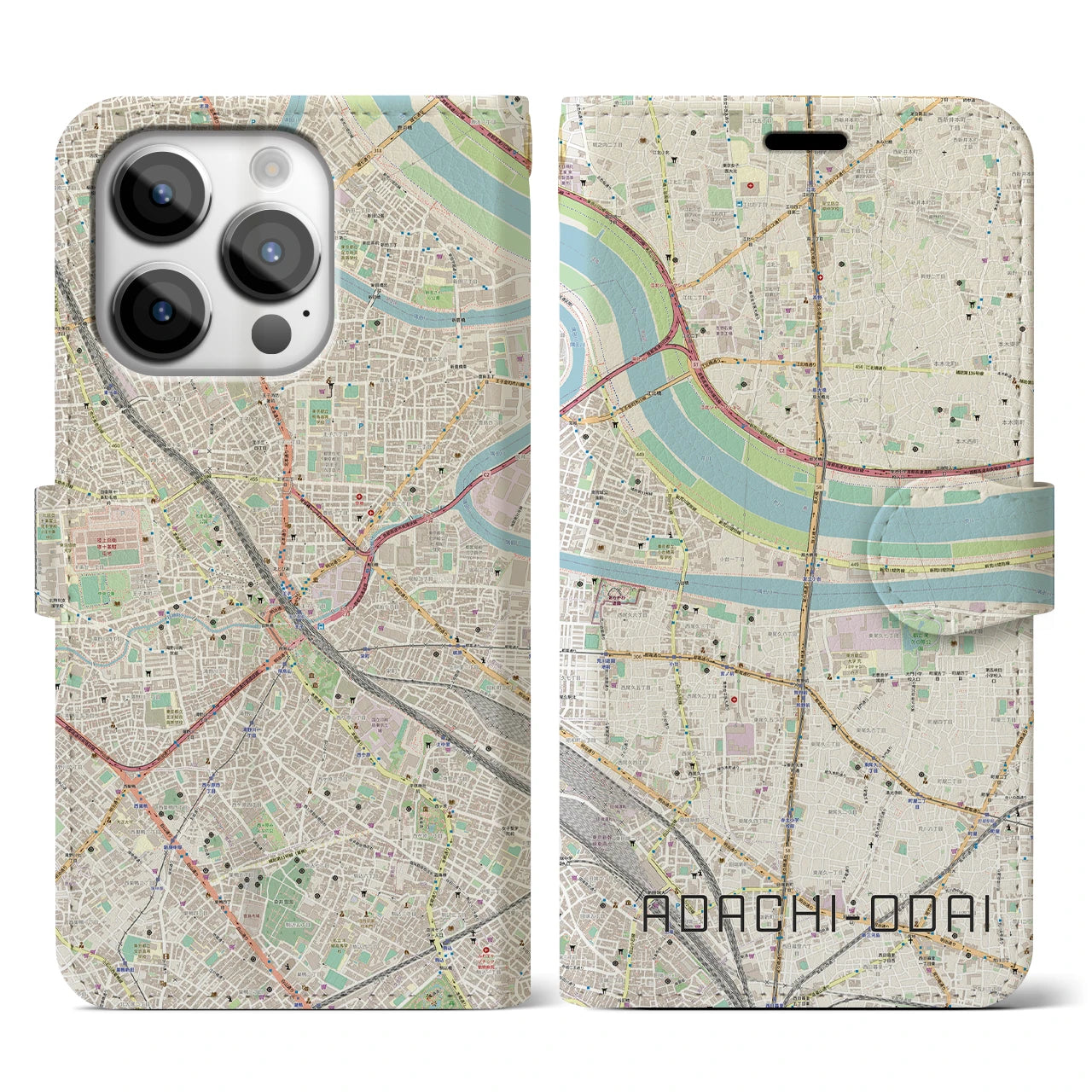 【足立小台】地図柄iPhoneケース（手帳両面タイプ・ナチュラル）iPhone 14 Pro 用