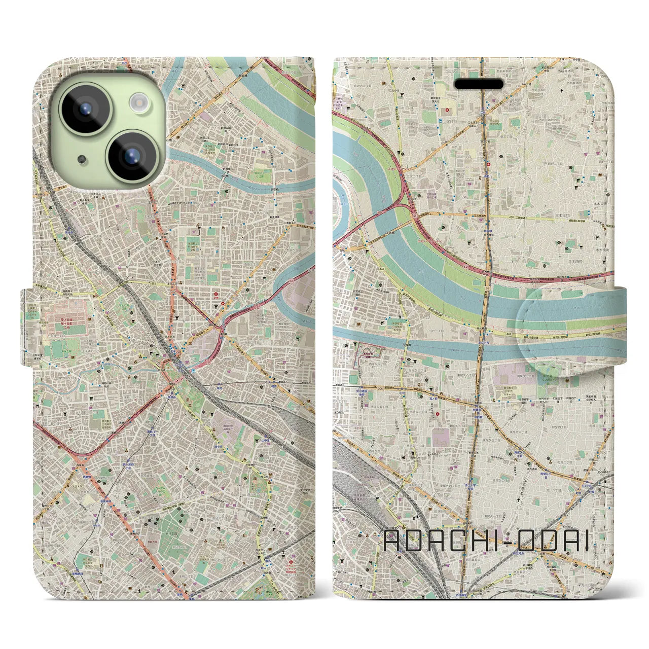 【足立小台】地図柄iPhoneケース（手帳両面タイプ・ナチュラル）iPhone 15 用