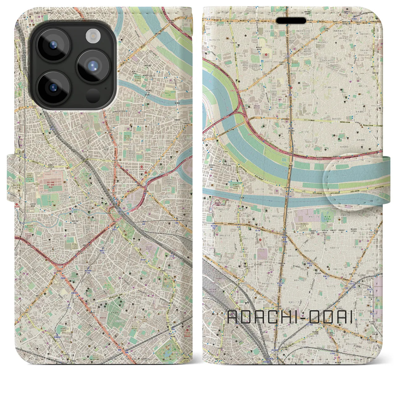 【足立小台】地図柄iPhoneケース（手帳両面タイプ・ナチュラル）iPhone 15 Pro Max 用