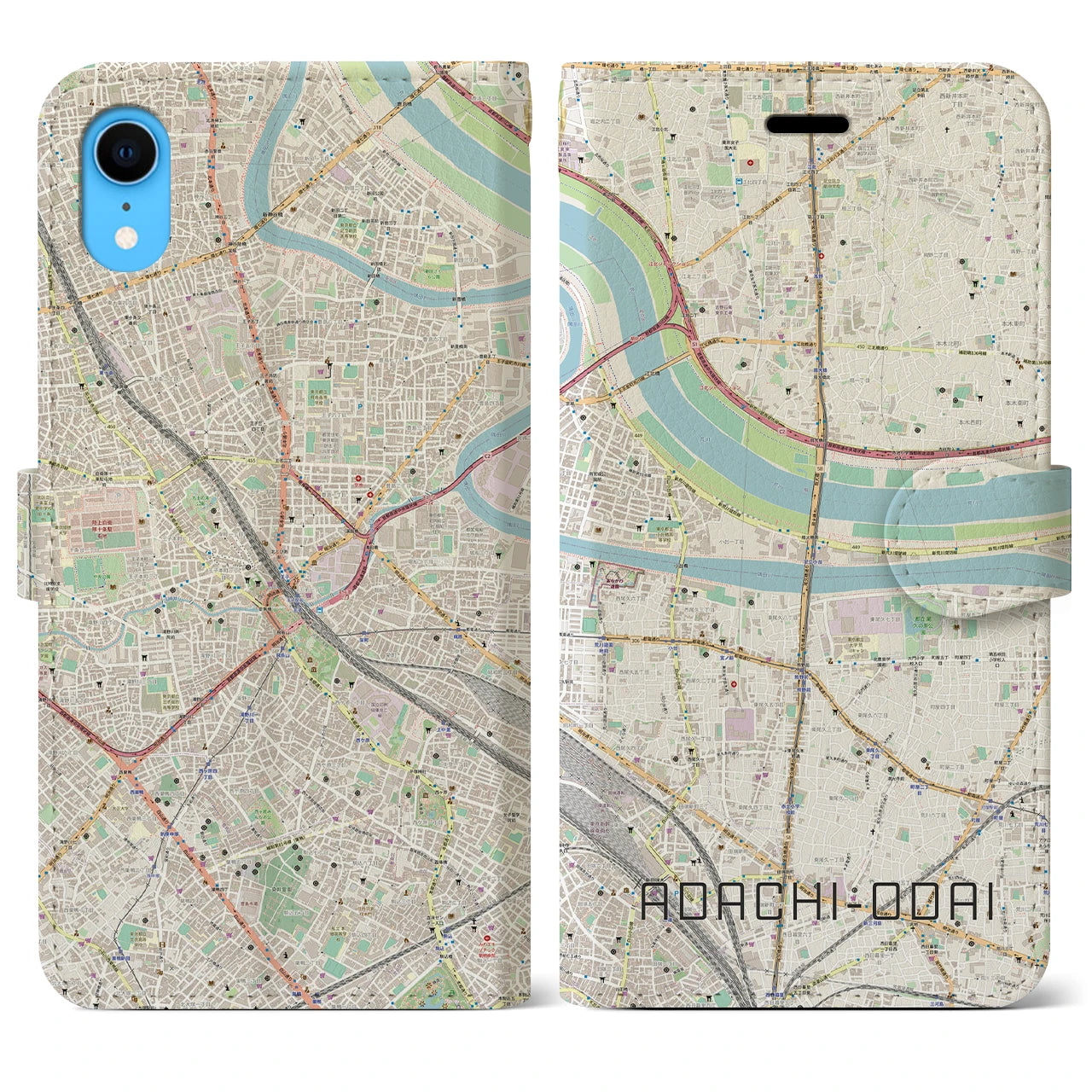 【足立小台】地図柄iPhoneケース（手帳両面タイプ・ナチュラル）iPhone XR 用