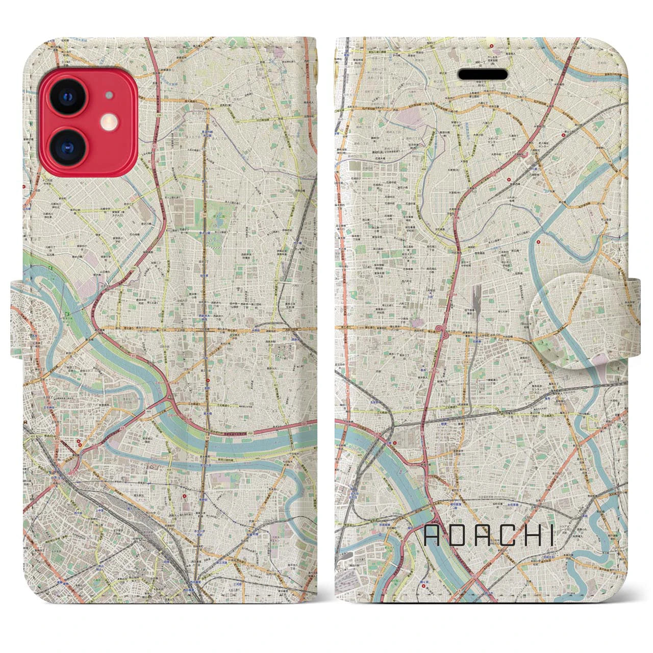 【足立】地図柄iPhoneケース（手帳両面タイプ・ナチュラル）iPhone 11 用