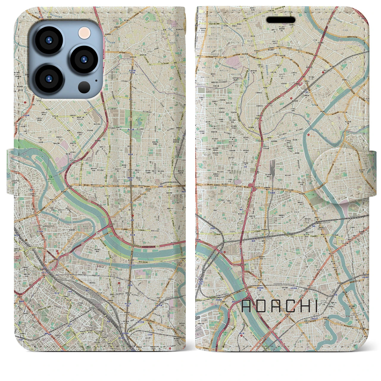 【足立】地図柄iPhoneケース（手帳両面タイプ・ナチュラル）iPhone 13 Pro Max 用