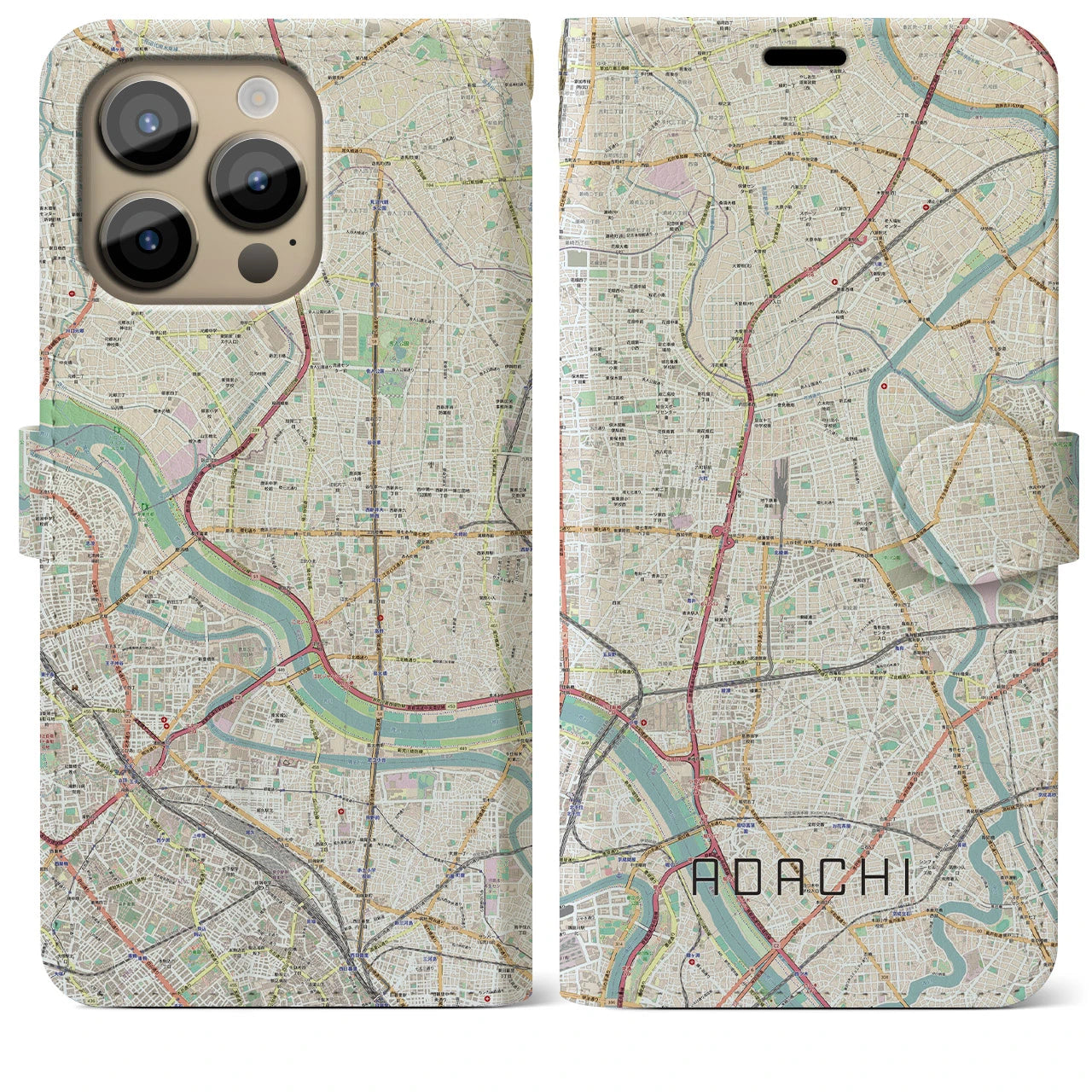 【足立】地図柄iPhoneケース（手帳両面タイプ・ナチュラル）iPhone 14 Pro Max 用
