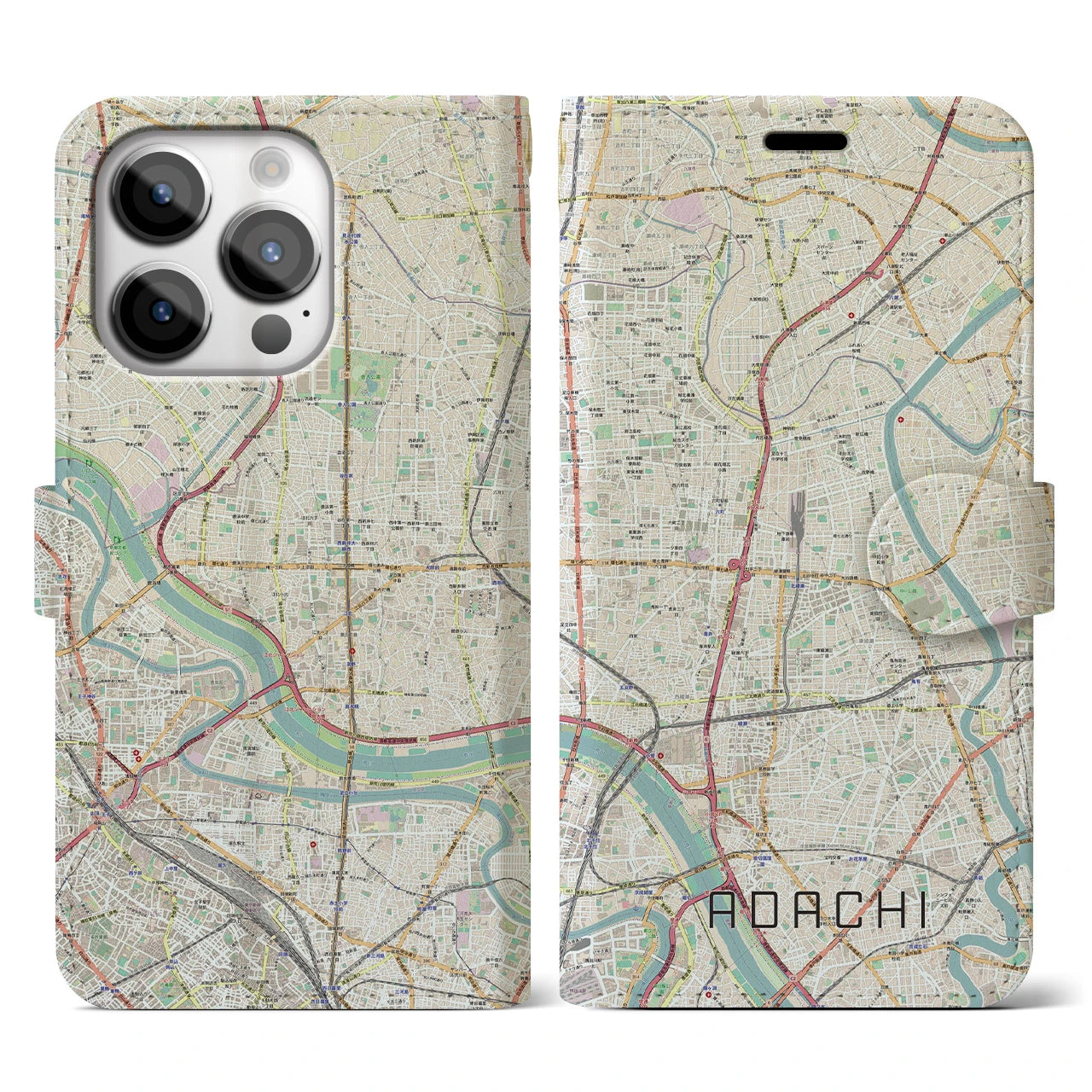 【足立】地図柄iPhoneケース（手帳両面タイプ・ナチュラル）iPhone 14 Pro 用