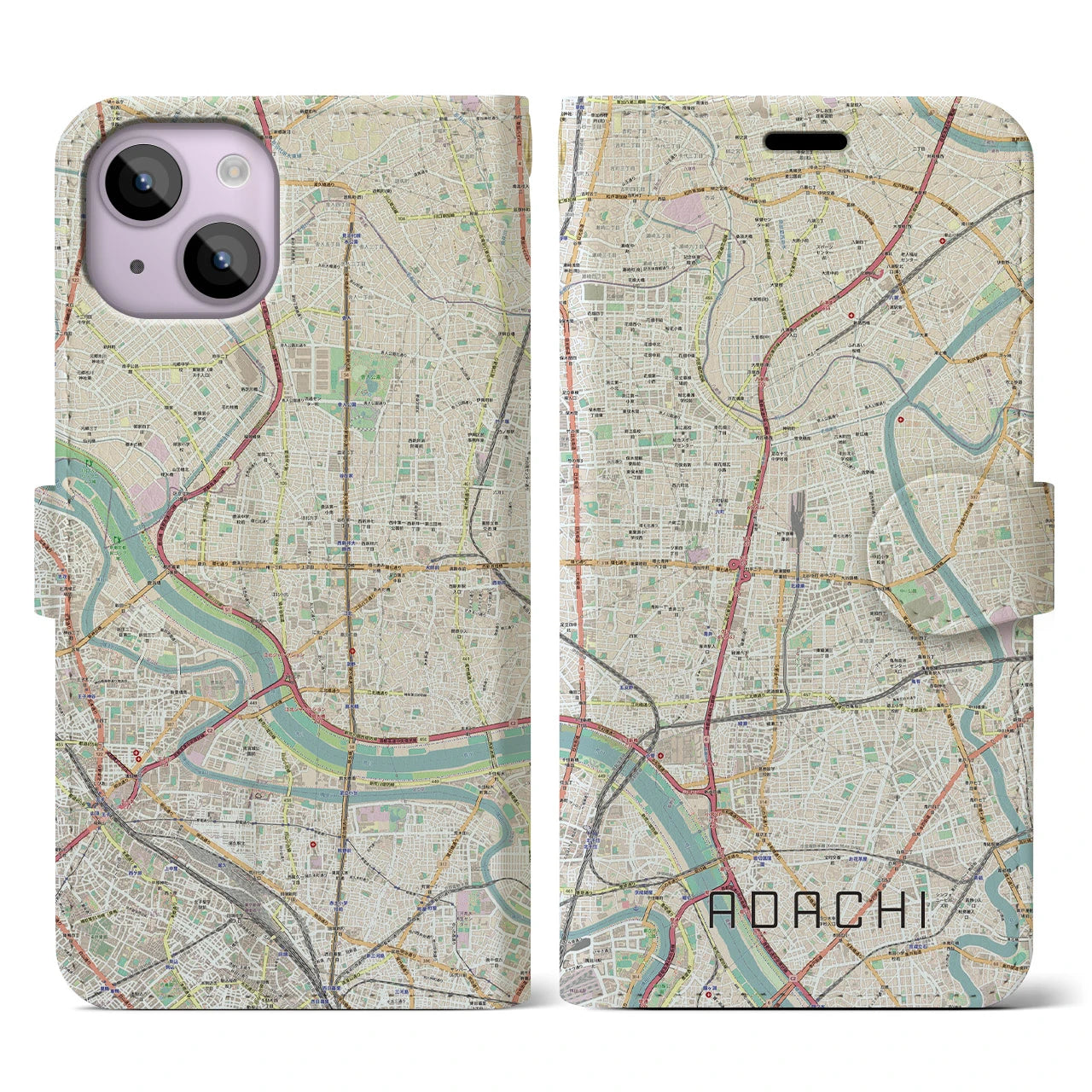 【足立】地図柄iPhoneケース（手帳両面タイプ・ナチュラル）iPhone 14 用