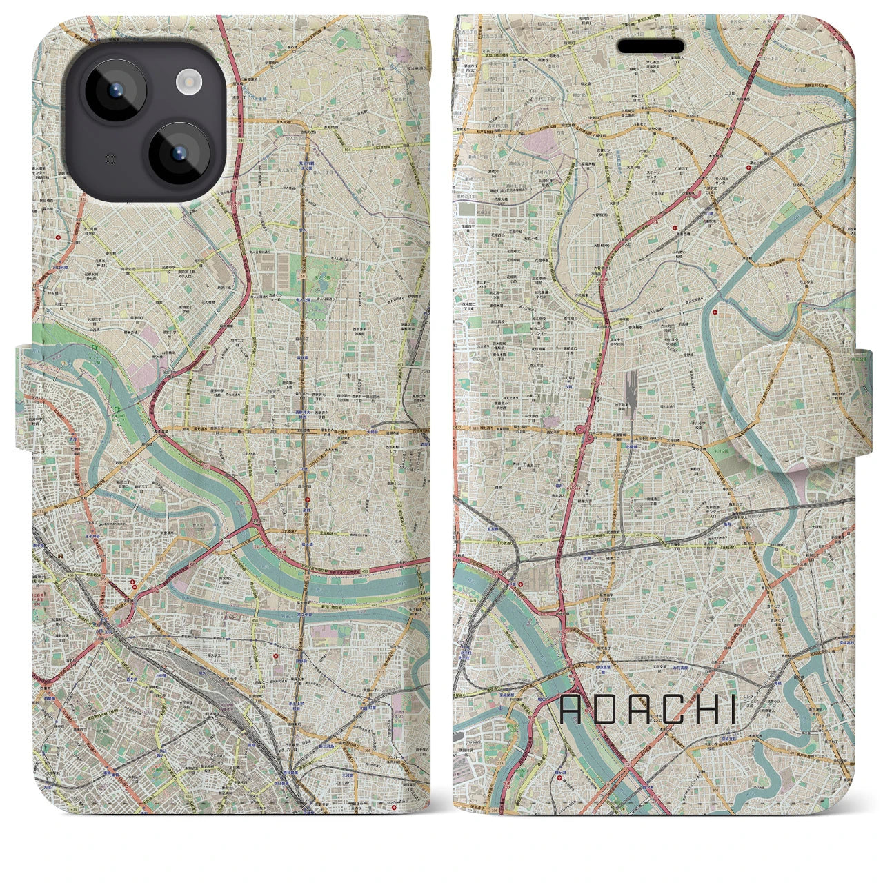 【足立】地図柄iPhoneケース（手帳両面タイプ・ナチュラル）iPhone 14 Plus 用