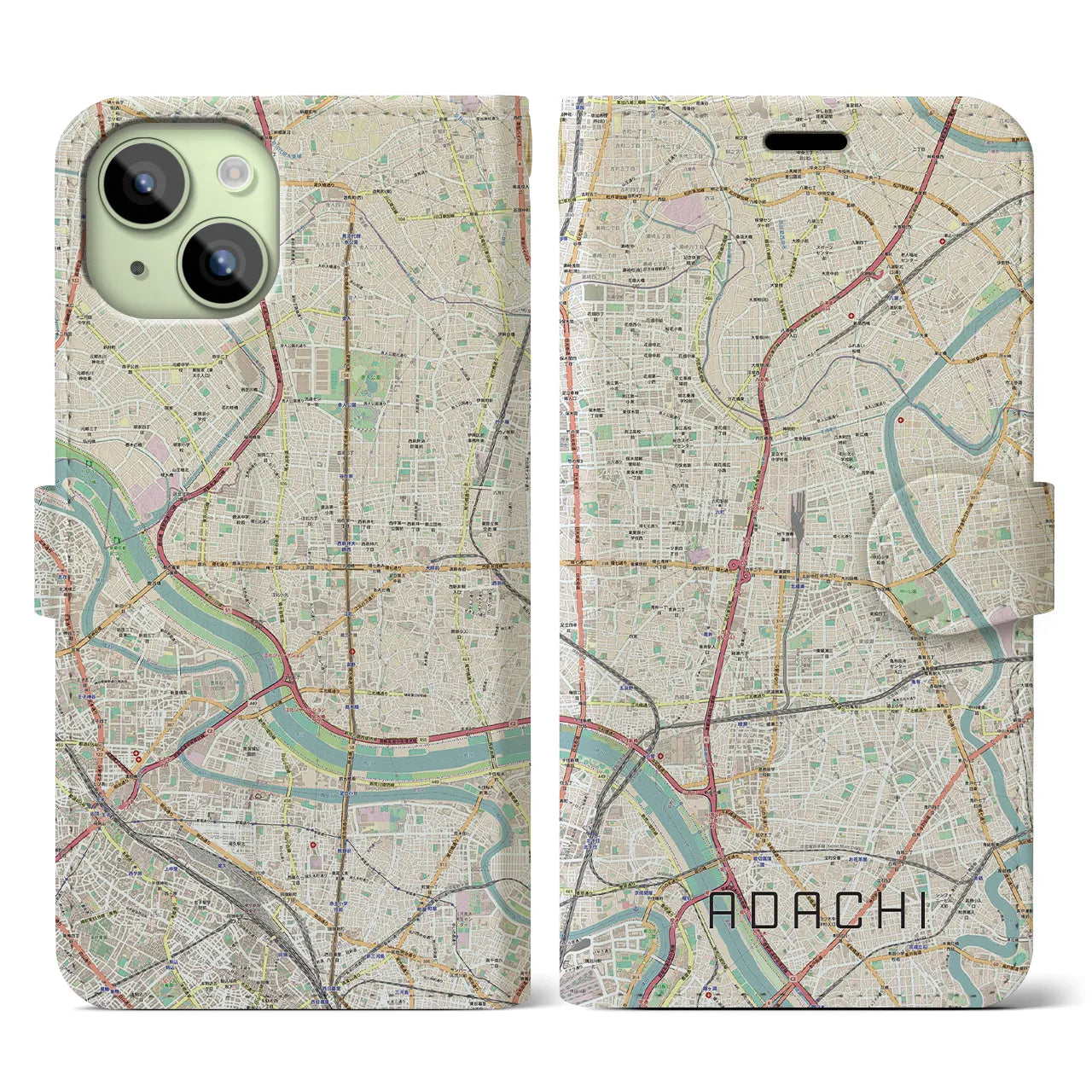 【足立】地図柄iPhoneケース（手帳両面タイプ・ナチュラル）iPhone 15 用