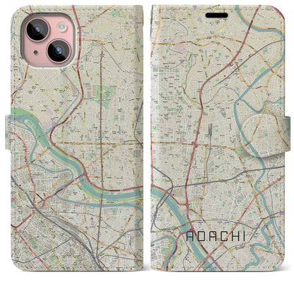 【足立】地図柄iPhoneケース（手帳両面タイプ・ナチュラル）iPhone 15 Plus 用