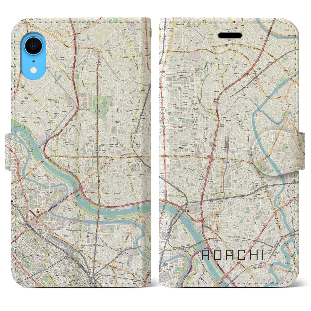 【足立】地図柄iPhoneケース（手帳両面タイプ・ナチュラル）iPhone XR 用