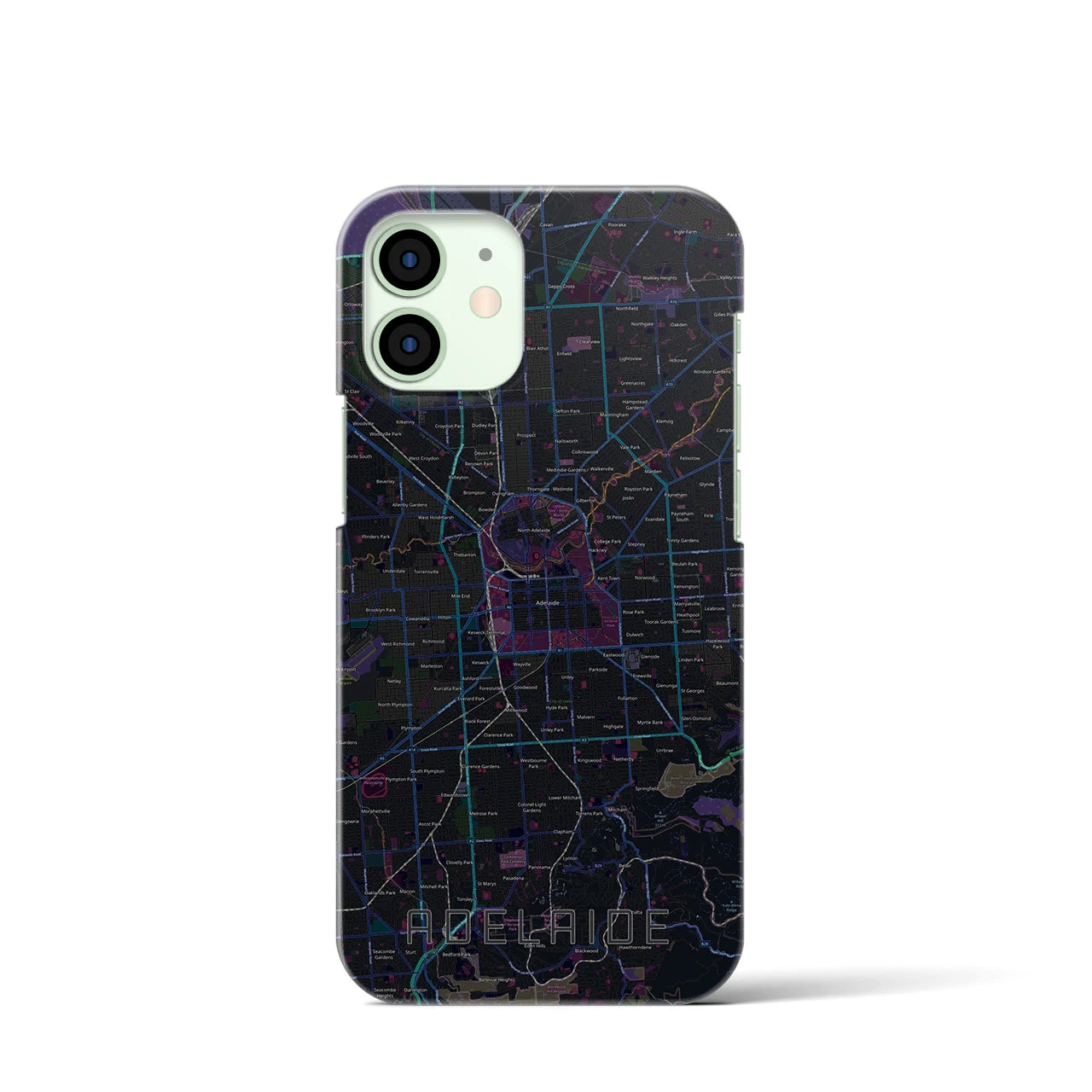 【アデレード】地図柄iPhoneケース（バックカバータイプ・ブラック）iPhone 12 mini 用