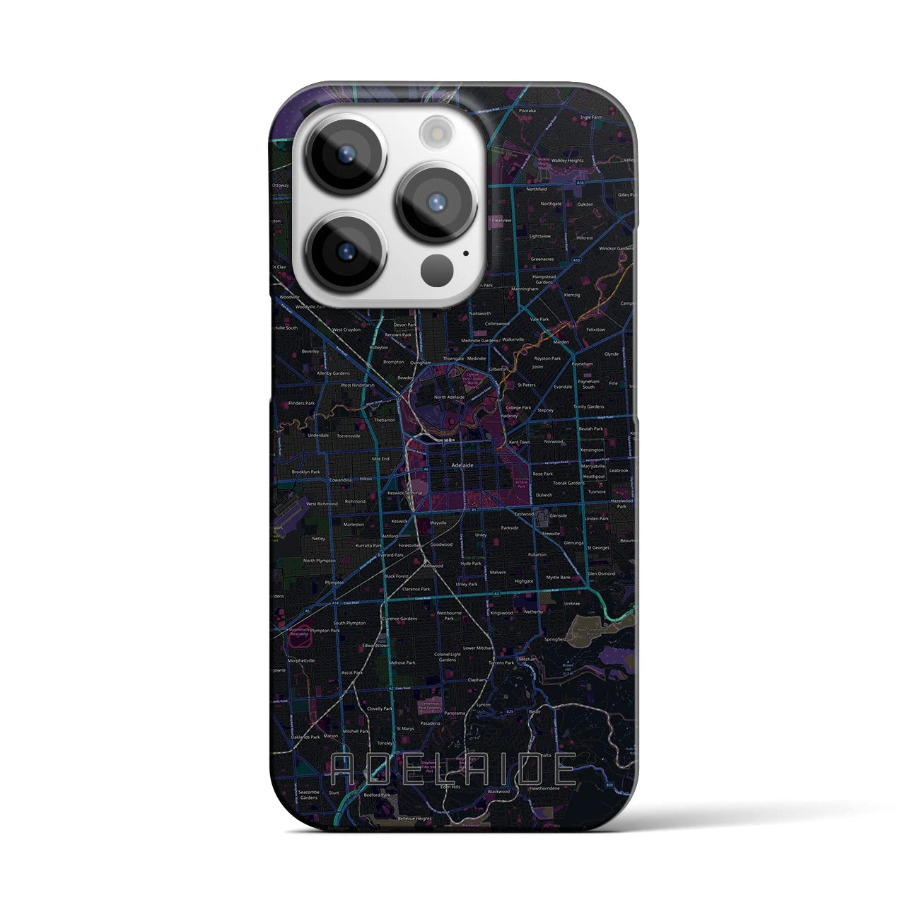 【アデレード】地図柄iPhoneケース（バックカバータイプ・ブラック）iPhone 14 Pro 用