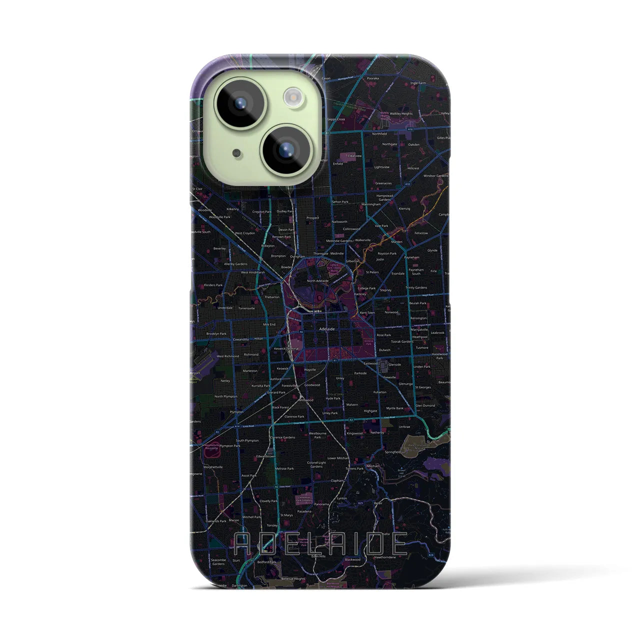 【アデレード】地図柄iPhoneケース（バックカバータイプ・ブラック）iPhone 15 用