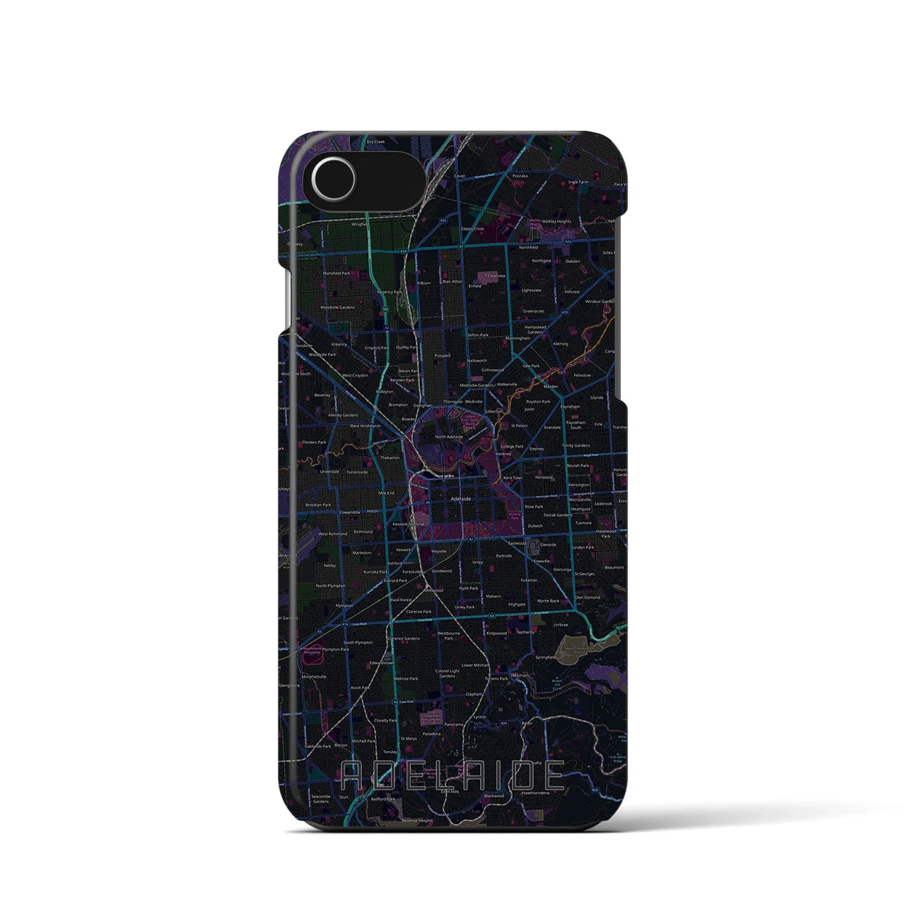 【アデレード】地図柄iPhoneケース（バックカバータイプ・ブラック）iPhone SE（第3 / 第2世代） / 8 / 7 / 6s / 6 用