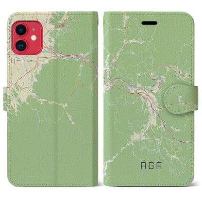 【阿賀（新潟県）】地図柄iPhoneケース（手帳タイプ）ナチュラル・iPhone 11 用