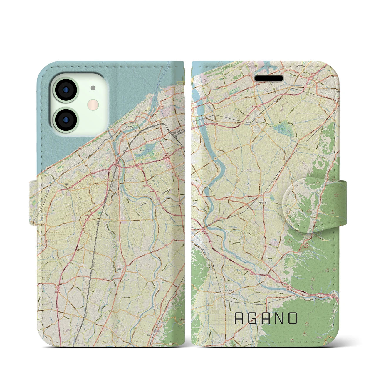 【阿賀野】地図柄iPhoneケース（手帳両面タイプ・ナチュラル）iPhone 12 mini 用