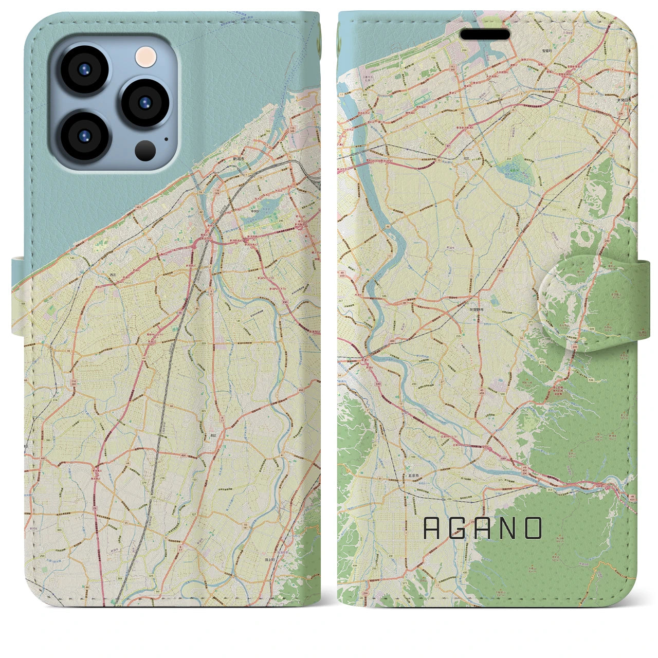 【阿賀野】地図柄iPhoneケース（手帳両面タイプ・ナチュラル）iPhone 13 Pro Max 用