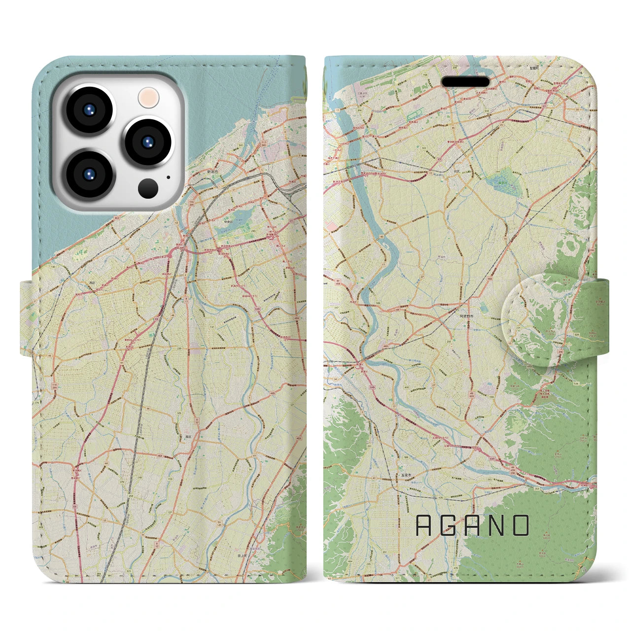 【阿賀野】地図柄iPhoneケース（手帳両面タイプ・ナチュラル）iPhone 13 Pro 用