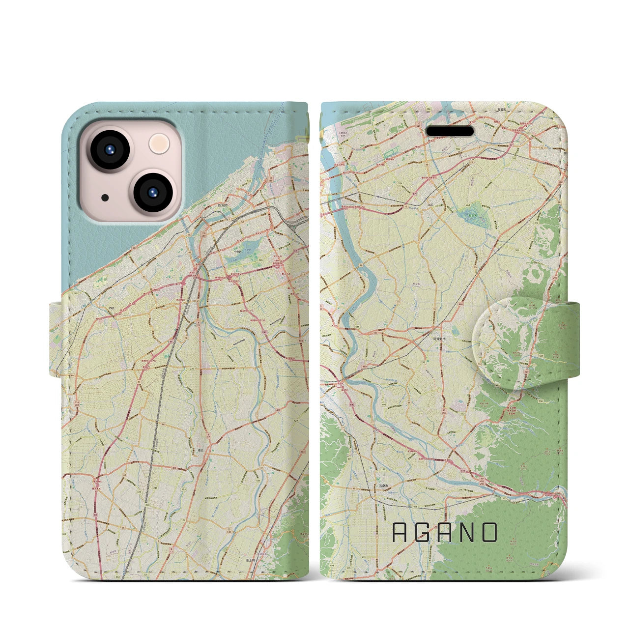 【阿賀野】地図柄iPhoneケース（手帳両面タイプ・ナチュラル）iPhone 13 mini 用