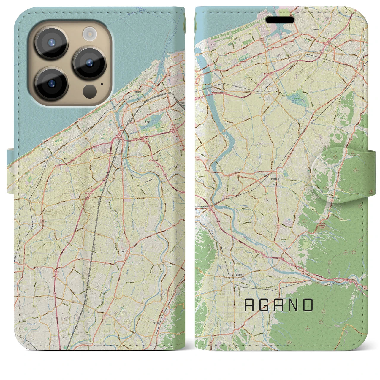 【阿賀野】地図柄iPhoneケース（手帳両面タイプ・ナチュラル）iPhone 14 Pro Max 用