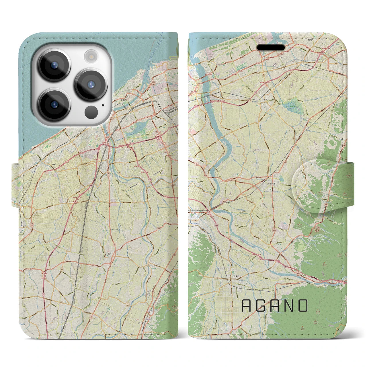 【阿賀野】地図柄iPhoneケース（手帳両面タイプ・ナチュラル）iPhone 14 Pro 用
