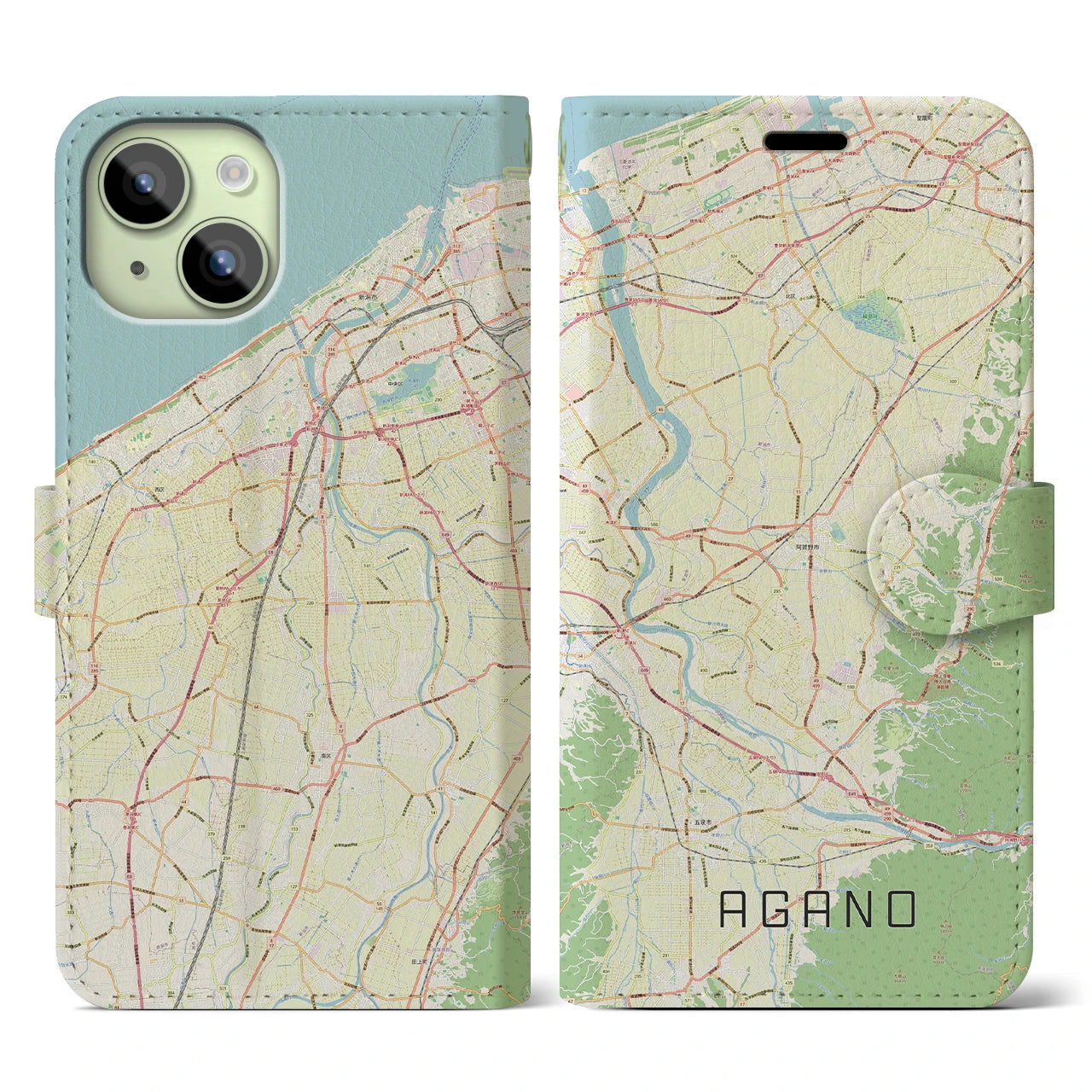 【阿賀野】地図柄iPhoneケース（手帳両面タイプ・ナチュラル）iPhone 15 用