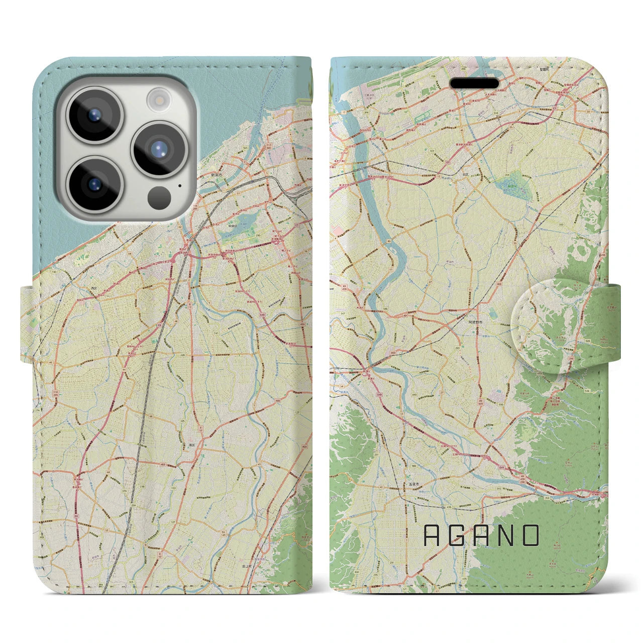 【阿賀野】地図柄iPhoneケース（手帳両面タイプ・ナチュラル）iPhone 15 Pro 用