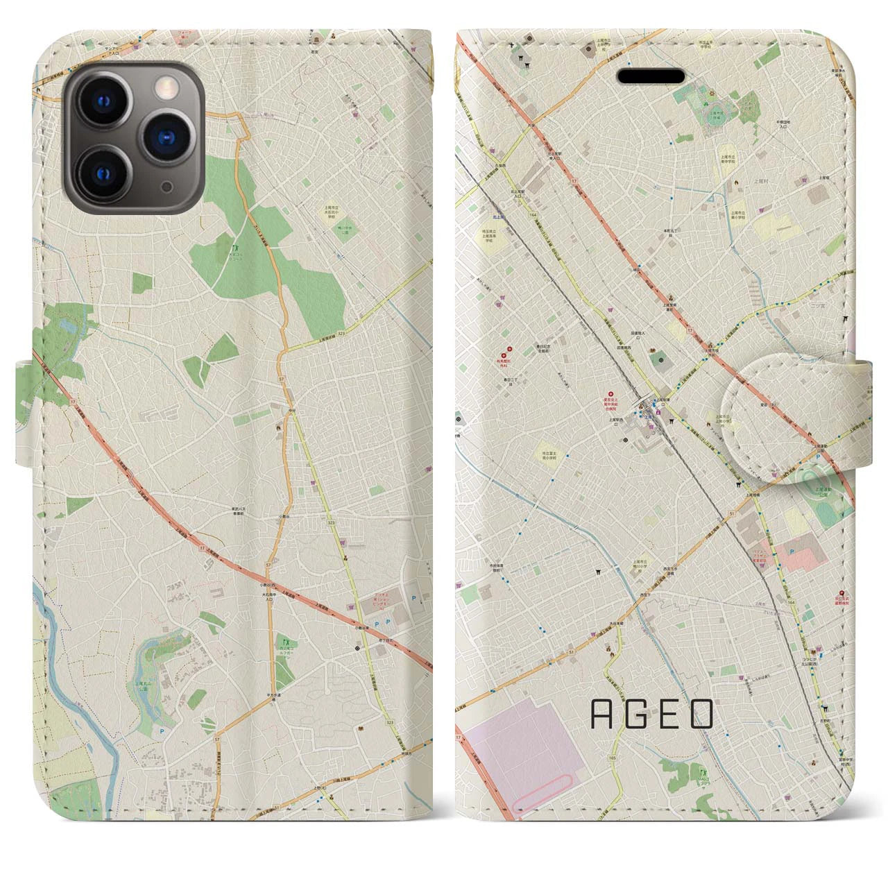 【上尾】地図柄iPhoneケース（手帳両面タイプ・ナチュラル）iPhone 11 Pro Max 用