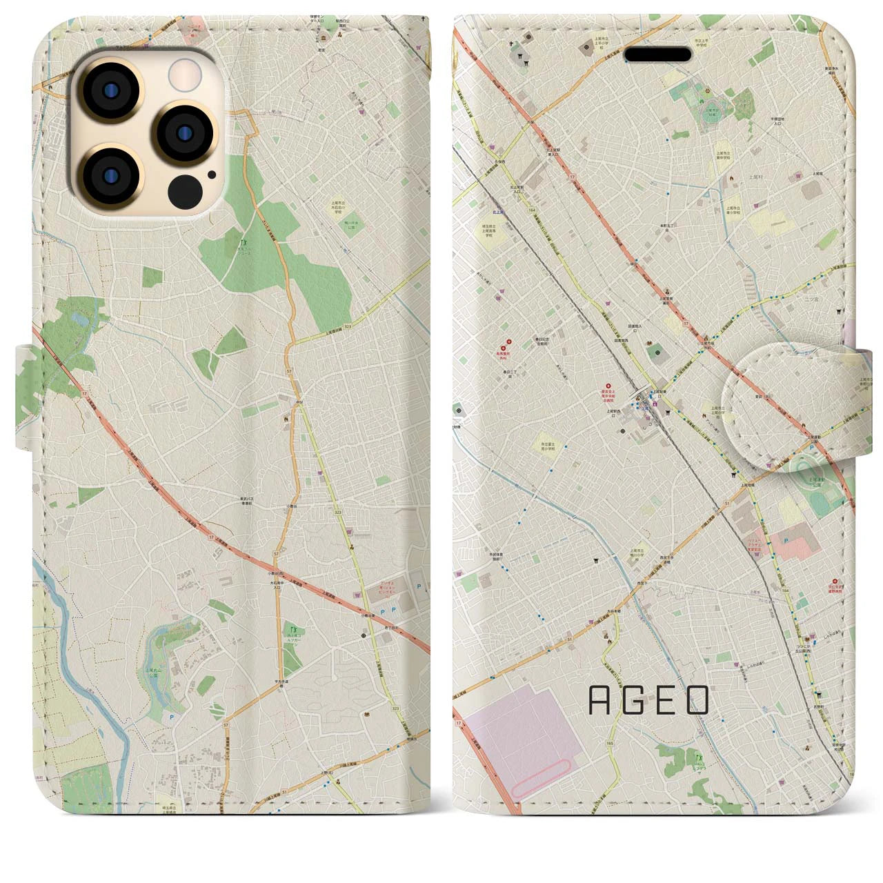 【上尾】地図柄iPhoneケース（手帳両面タイプ・ナチュラル）iPhone 12 Pro Max 用