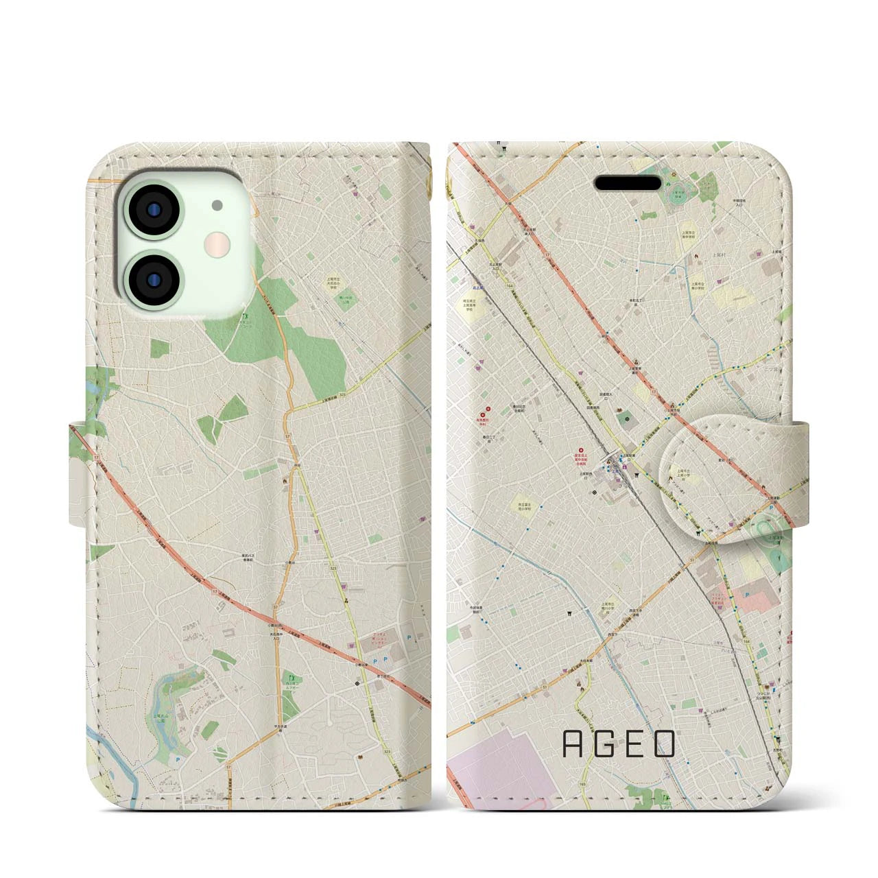 【上尾】地図柄iPhoneケース（手帳両面タイプ・ナチュラル）iPhone 12 mini 用