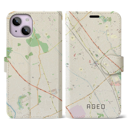 【上尾（埼玉県）】地図柄iPhoneケース（手帳タイプ）ナチュラル・iPhone 14 用