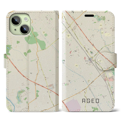 【上尾（埼玉県）】地図柄iPhoneケース（手帳タイプ）ナチュラル・iPhone 15 用