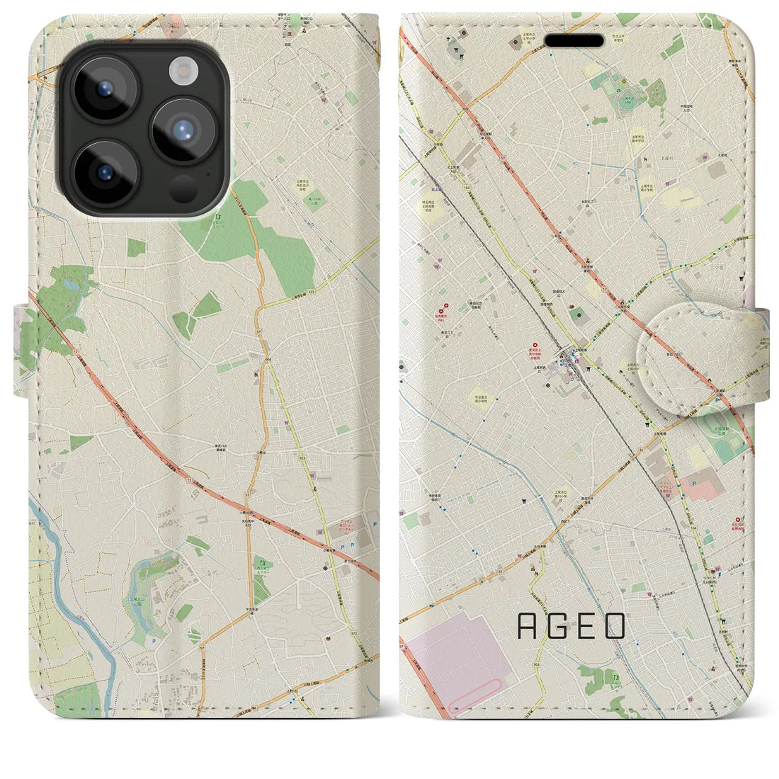 【上尾】地図柄iPhoneケース（手帳両面タイプ・ナチュラル）iPhone 15 Pro Max 用