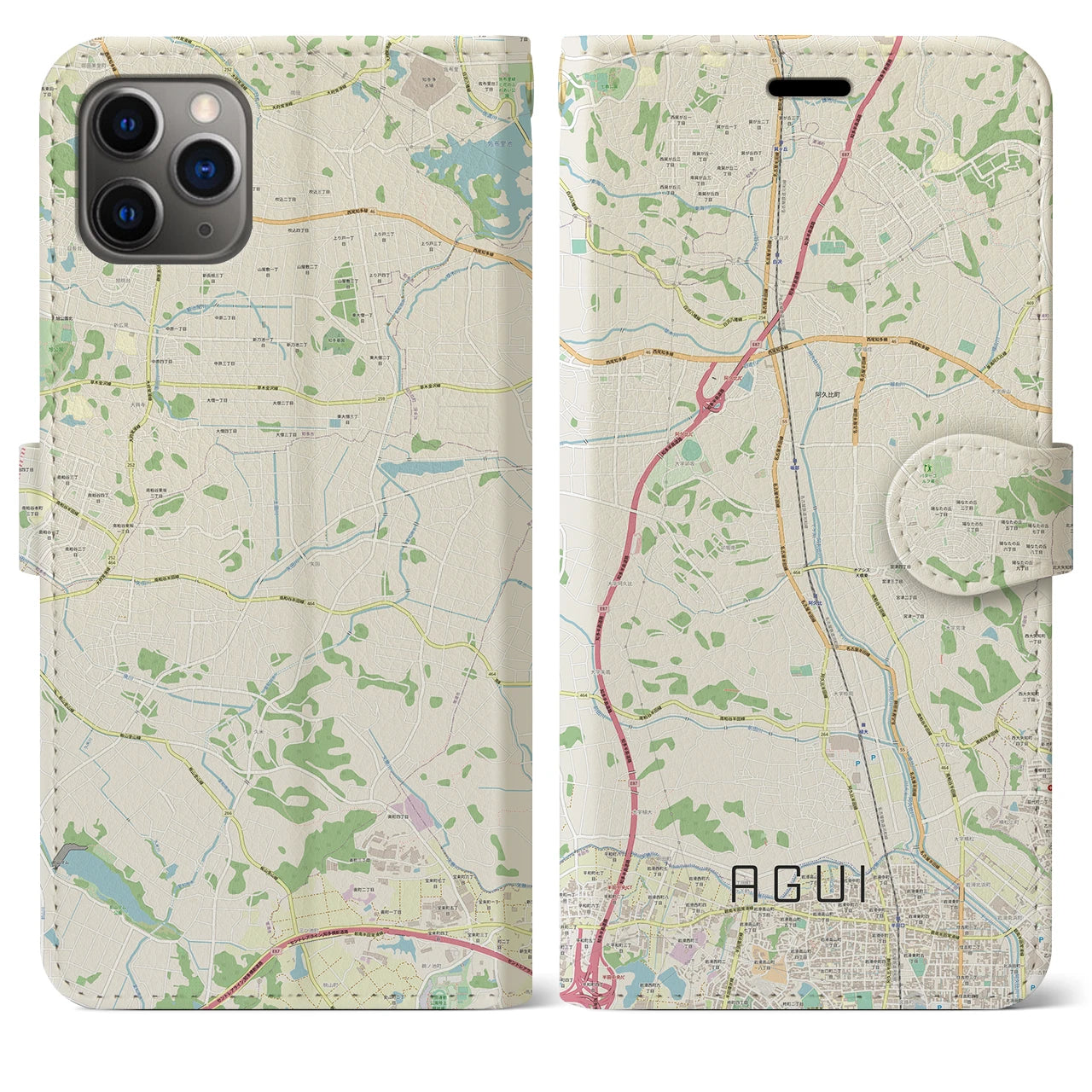 【阿久比】地図柄iPhoneケース（手帳両面タイプ・ナチュラル）iPhone 11 Pro Max 用