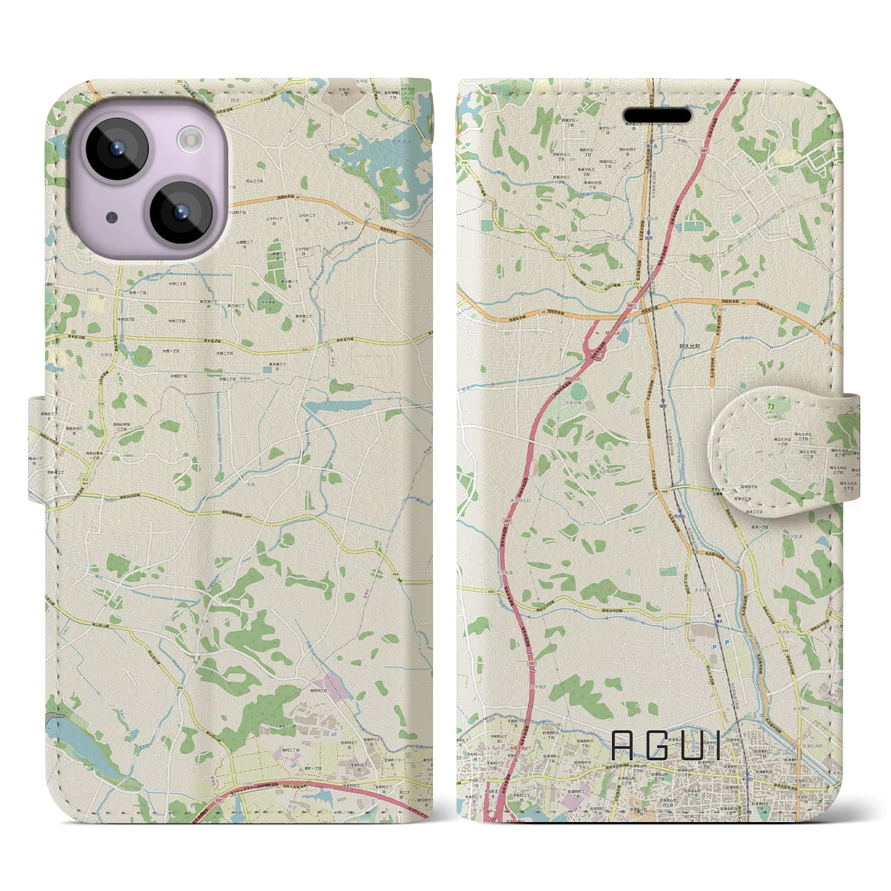 【阿久比】地図柄iPhoneケース（手帳両面タイプ・ナチュラル）iPhone 14 用