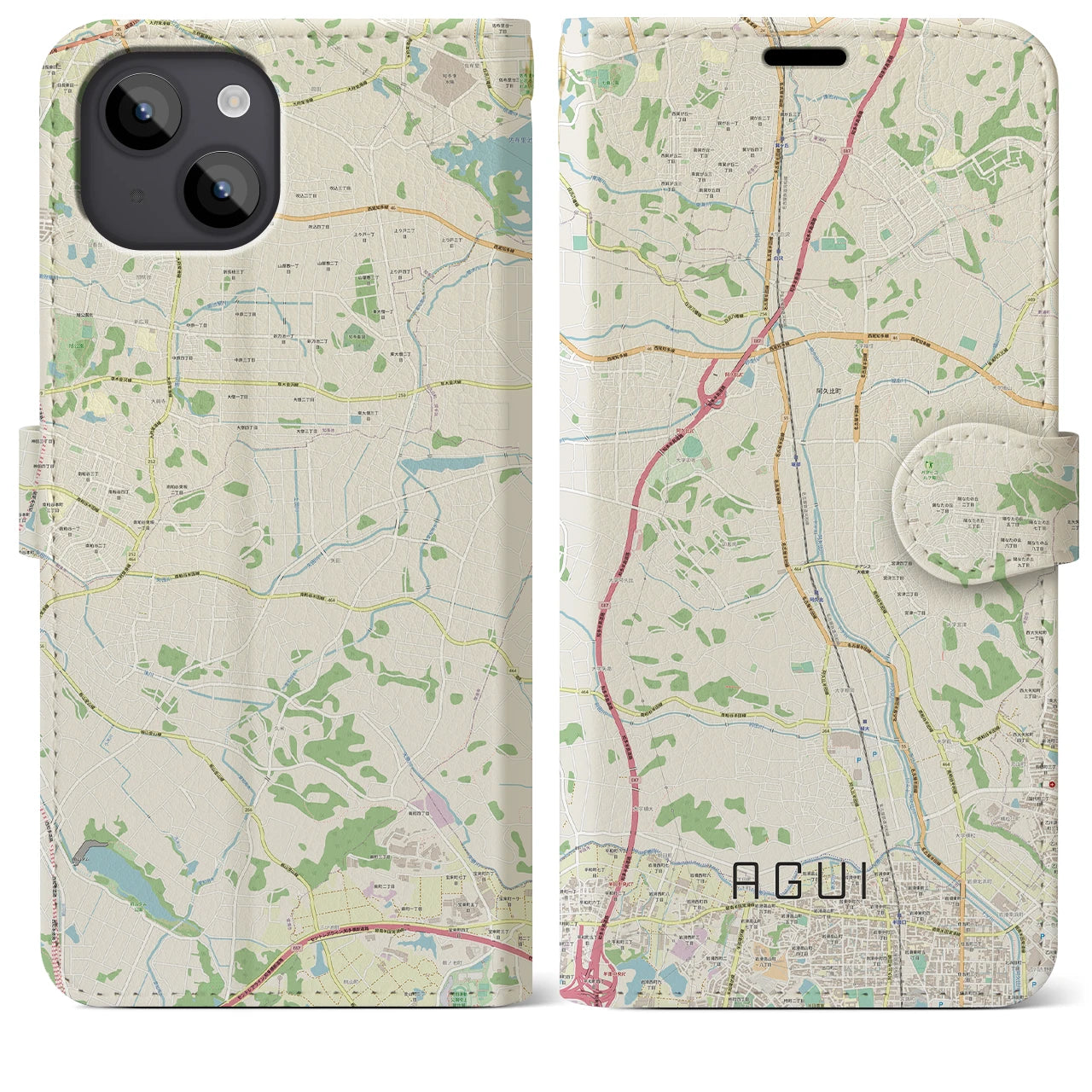 【阿久比】地図柄iPhoneケース（手帳両面タイプ・ナチュラル）iPhone 14 Plus 用