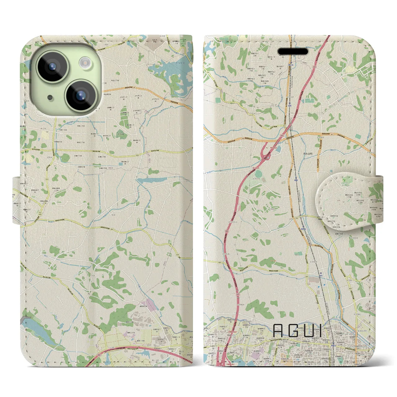 【阿久比】地図柄iPhoneケース（手帳両面タイプ・ナチュラル）iPhone 15 用