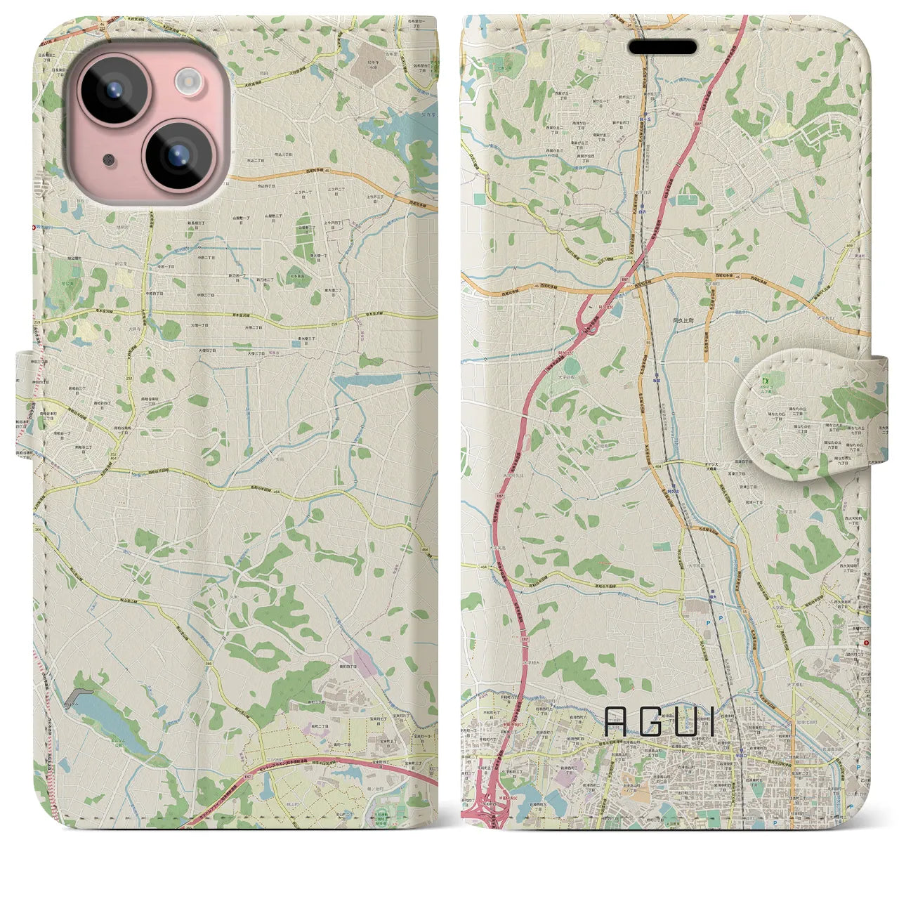 【阿久比】地図柄iPhoneケース（手帳両面タイプ・ナチュラル）iPhone 15 Plus 用