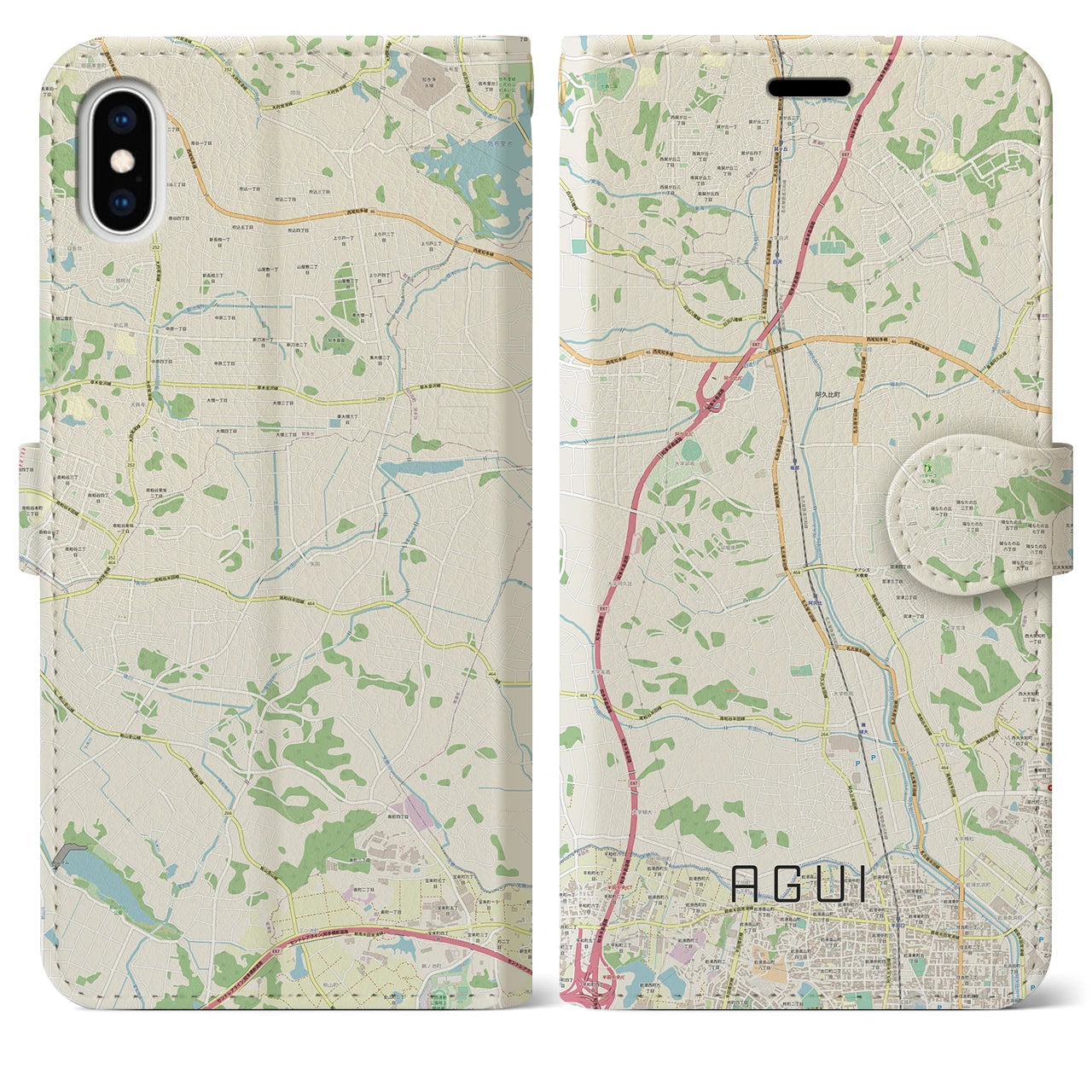 【阿久比】地図柄iPhoneケース（手帳両面タイプ・ナチュラル）iPhone XS Max 用