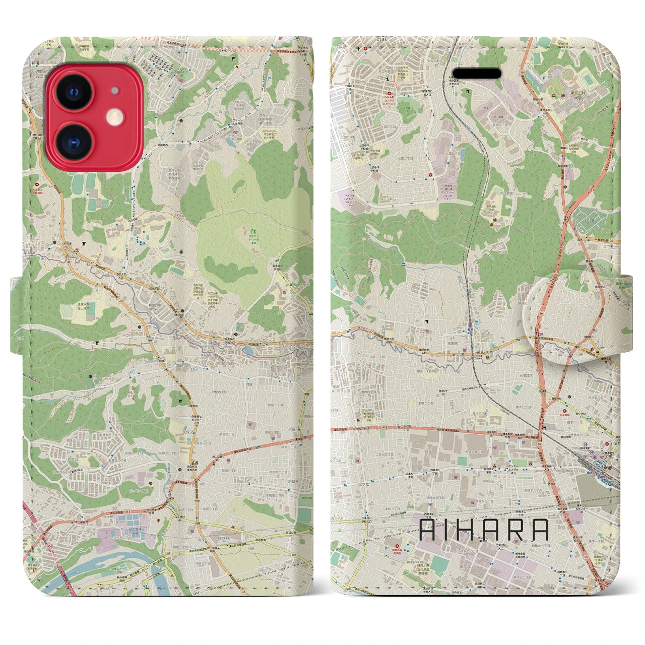 【相原】地図柄iPhoneケース（手帳両面タイプ・ナチュラル）iPhone 11 用