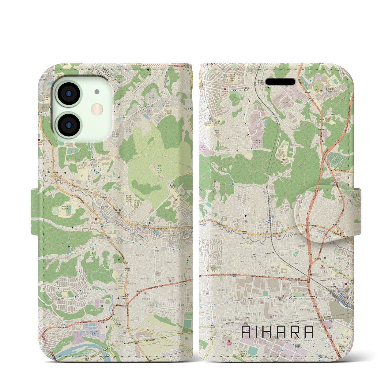 【相原】地図柄iPhoneケース（手帳両面タイプ・ナチュラル）iPhone 12 mini 用