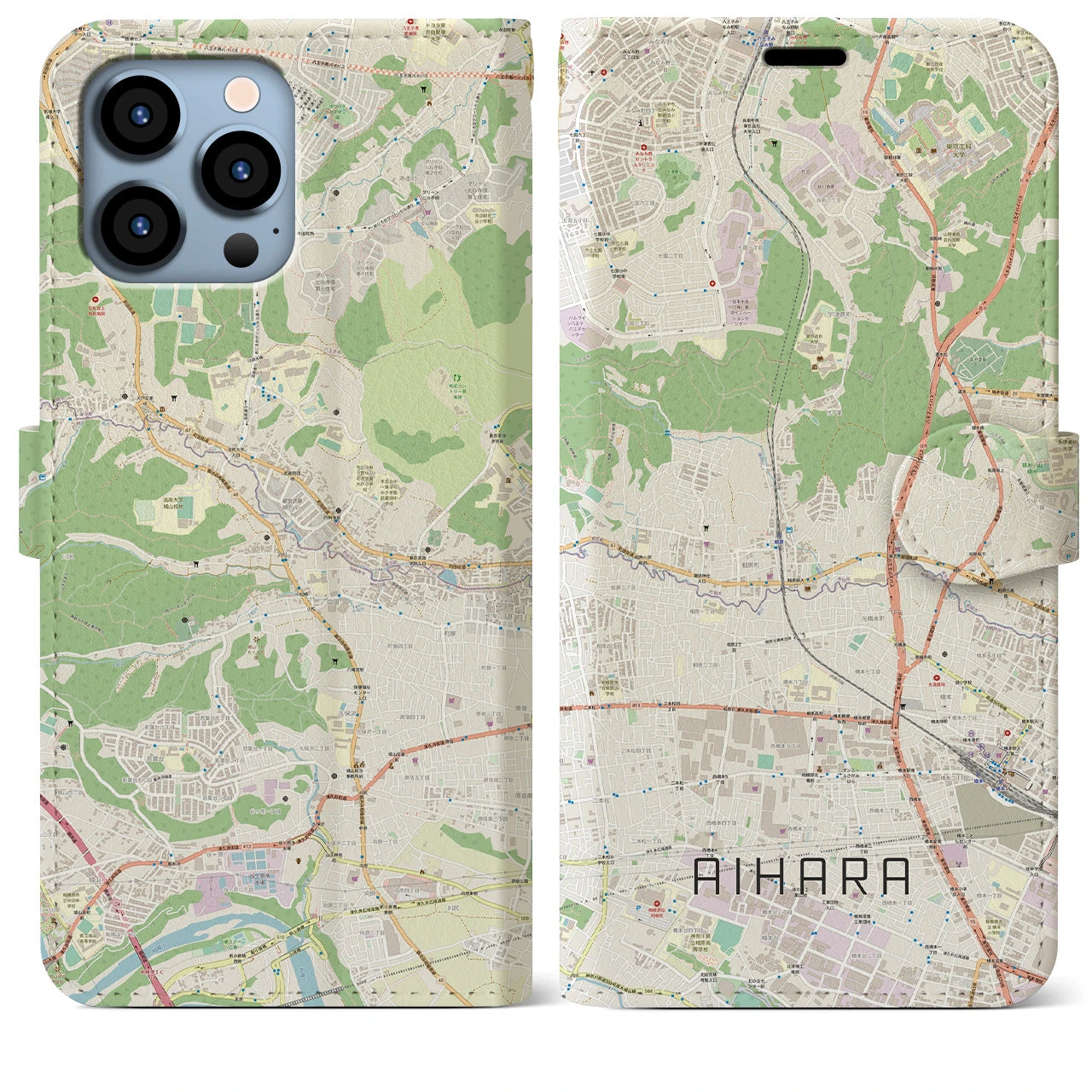 【相原】地図柄iPhoneケース（手帳両面タイプ・ナチュラル）iPhone 13 Pro Max 用