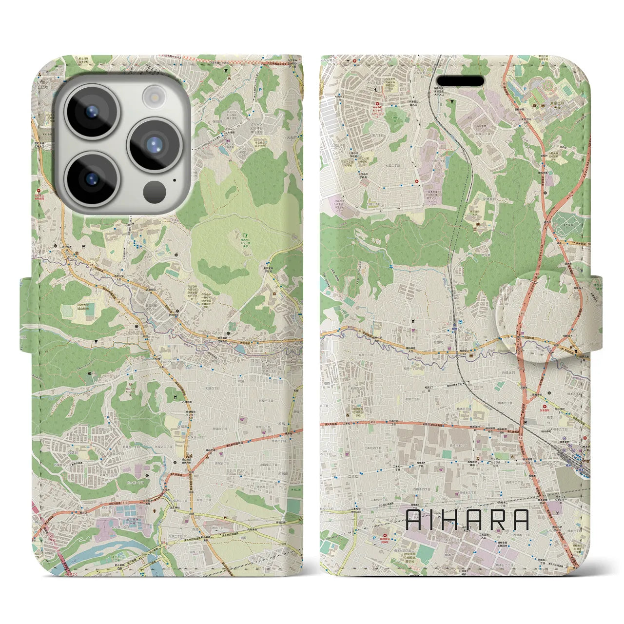 【相原】地図柄iPhoneケース（手帳両面タイプ・ナチュラル）iPhone 15 Pro 用